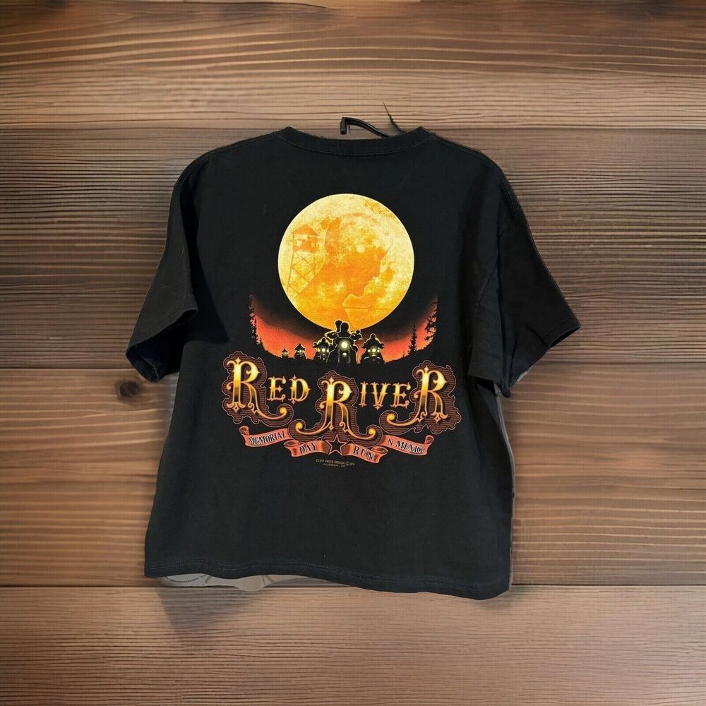 Red River NM Memorial Day Run T-Shirt Large Black Graphic Tee Motorcycle Moon